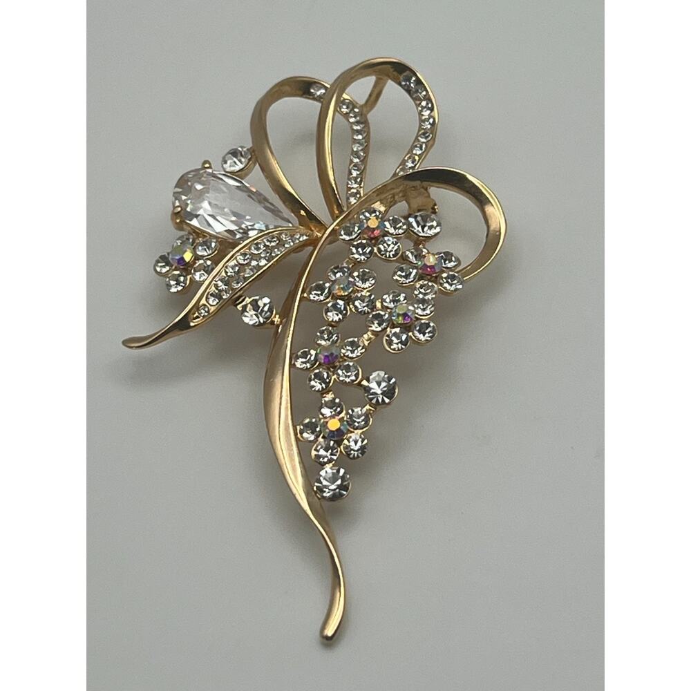 Vintage Julianna Style Brooch Gold Tone Ribbon & Floral Rhinestone & AB